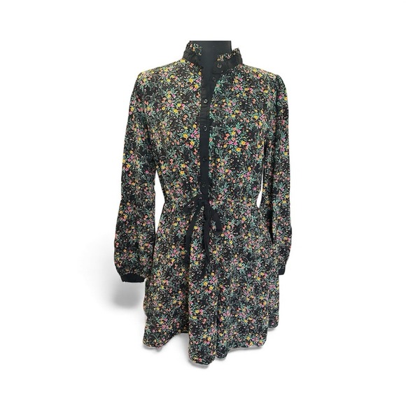 Lost + Wander Dresses & Skirts - LOST+WANDER Black Floral Print Button Front Tie Waist‎ Long Sleeve Shirt Dress M